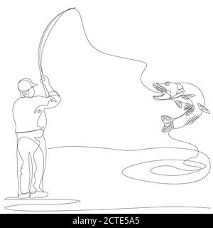 Continuous single drawn one line, fisherman on a fishing trip.... Stock Vector