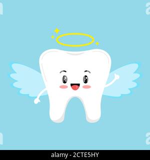 Cute tooth emoji angel isolated on blue background. Stock Vector