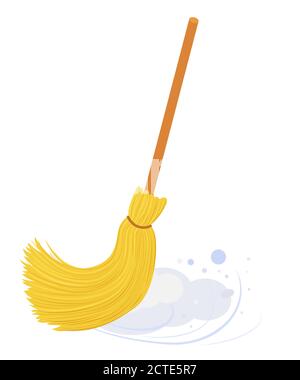 yellow broom with long wooden handle sweeping floor. Broom isolated on white, household implement from dust and dirt vector illustration Stock Vector