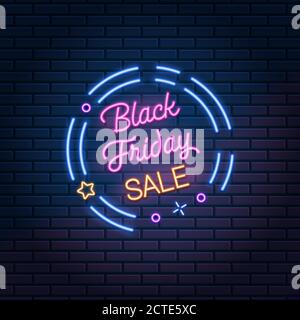 Black Friday Sale glowing neon sign on dark brick wall background, vector illustration. Shopping discount advertising banner Stock Vector
