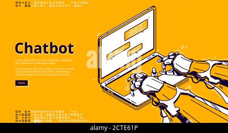 Chatbot with artificial intelligence typing message in support chat. Virtual assistant with ai, digital service for online communication. Vector landing page with isometric robot hands and laptop Stock Vector