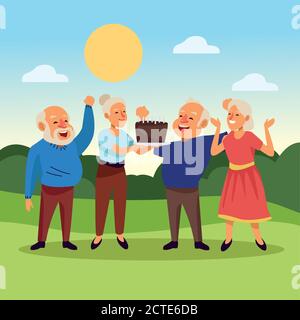 old people with sweet cake in the camp active seniors characters vector illustration design Stock Vector