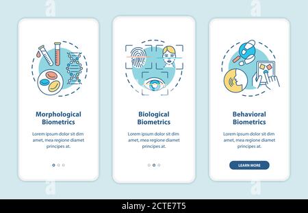 Biometrics types onboarding mobile app page screen with concepts Stock Vector
