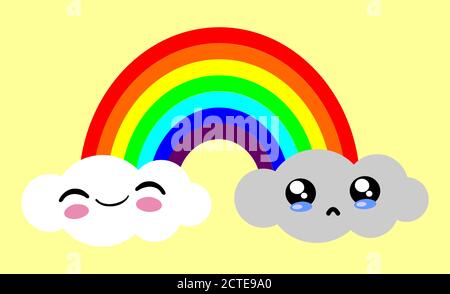 Kawaii style rainbow opposite feelings, happiness and sadness Stock Vector