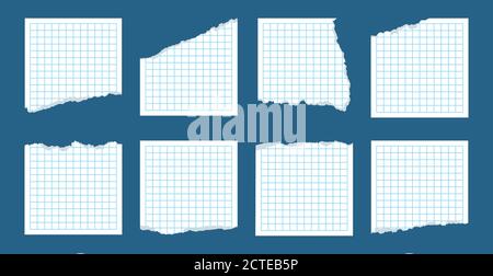 Set white blank torn paper sheets in a cage. White ripped note. Blank notepad pages, pieces of notebook. Collection empty piece tears paper, sheets scrapbook note. Vector illustration isolated Stock Vector