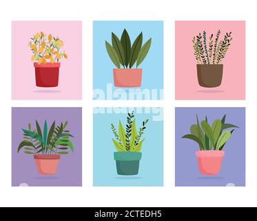 gardening, set of different green plant pots, color block icons vector illustration Stock Vector
