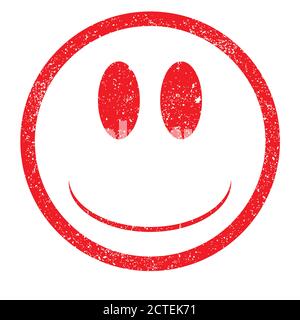 A rubber ink stamp with emoji smily facein red all with grunge effect over white Stock Vector