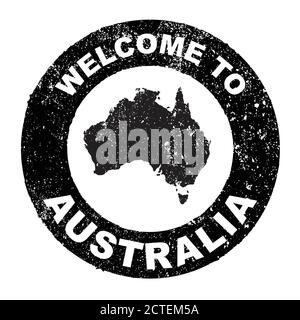 A grunge rubber ink stamp with the text Welcome To Australia with map over a white background Stock Vector