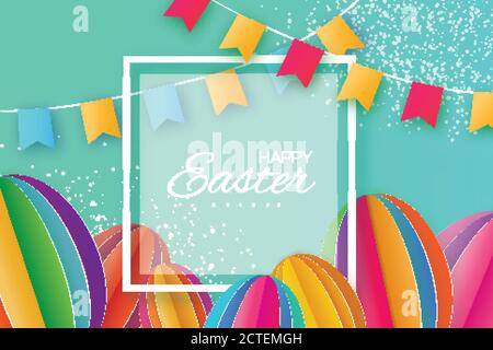 Origami Happy Easter Greeting card. Colorful Paper cut Easter Egg, flags. Square frame. Blue background. Vector illustration. Stock Vector