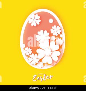 Happy Easter Greeting card. Origami egg, white flower. Oval Floral shape in Paper cut style. yellow. Vector illustration. Stock Vector