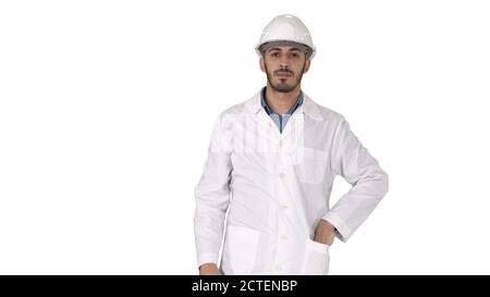 Scientist engineer in safety glasses and hard hat walking Safety concept on white background. Stock Photo