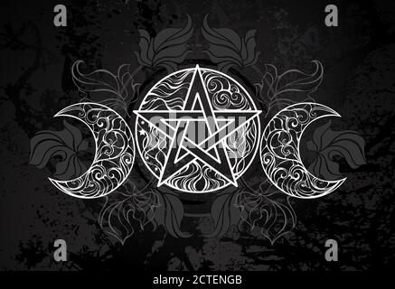 White, patterned, contour pentagram with crescents on black textured background with dark fallen leaves. Wiccan symbol. Stock Vector