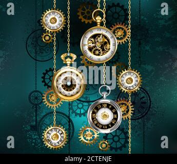 Jewelry, antique watches with gold chains, brass gears and silhouette dials on green textured background. Steampunk style. Stock Vector