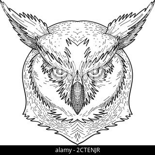 Black and white drawing sketch style illustration of a head of an angry and aggressive great horned owl, tiger owl or the hoot owl viewed from front o Stock Vector