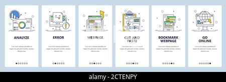 Website analysis, error, bookmark menu. Go online. Mobile app onboarding screens, vector website banner template. Stock Vector