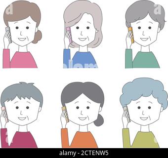 Middle aged women on the phone with their friends. Vector illustration isolated on white background. Stock Vector