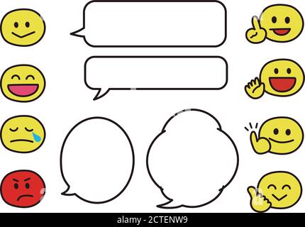 Set of speech bubbles with eight types of emoticon. Vector illustration isolated on white background. Stock Vector