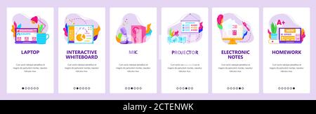 Distance learning and remote education. Video conference technology. Mobile app screens, vector website banner template. Stock Vector