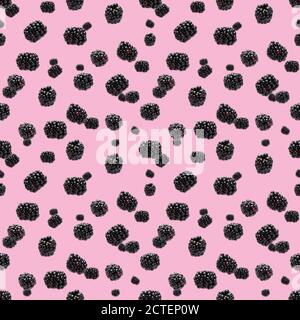 Falling Bramble Seamless pattern. Fresh Falling blackberry seamless pattern. Pattern with fresh wild berries isolated on pink background. Stock Photo