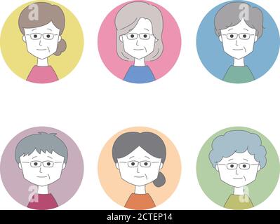 Profile pictures of different middle aged women wearing glasses. Set of vector icon isolated on white background. Stock Vector