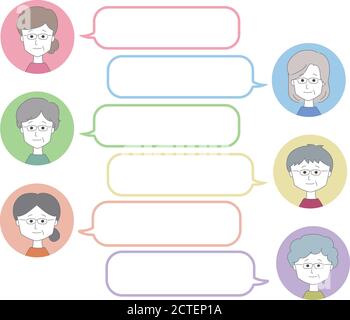 Middle aged women wearing glasses talking with their friends. Set of speech bubbles and profile pictures. Stock Vector