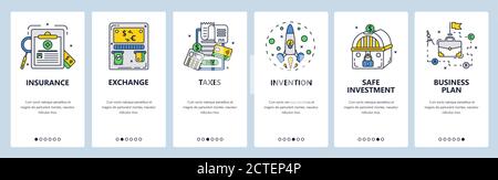 Business plan, invention, SAFE investments in company, insurance. Mobile app screens, vector website banner template. Stock Vector
