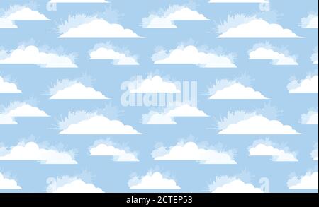 Seamless texture of white clouds with watercolor spray on blue sky. Vector childrens pattern for wallpaper, fabrics and your design Stock Vector