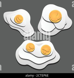 Set of 3d eggs cut out from paper. Fried eggs. Vector element for your design Stock Vector