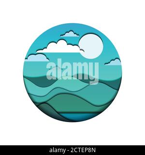 Round 3d illustration with nature in blue hues cut out from paper. Vector element for your design. Stock Vector