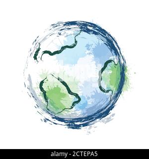 Illustration of planet earth with watercolor splashes and ink strokes on white background. The object is separate from the background. Vector element Stock Vector
