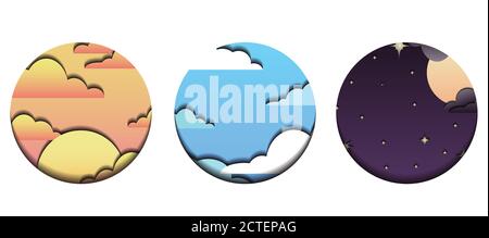 Set of round 3d banners with sky and clouds cut out from paper. Weather. Times of day. Vector element for your design Stock Vector