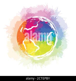 Illustration of planet earth with rainbow watercolor splashes and ink strokes on white background. The object is separate from the background. Vector Stock Vector