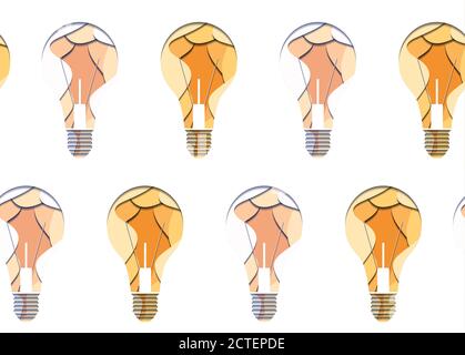 Seamless pattern of 3d bulbs cut from paper on white background. Vector texture for your creativity Stock Vector