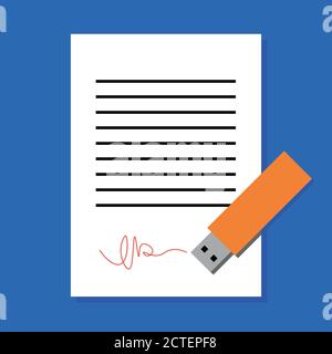 Digital signature concept. White sheet of paper subscribed by USB flash. Simple flat illustration of document and electronic device. Stock Vector
