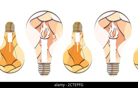 Seamless pattern of 3d Illustration of light bulb with burning candle cut from paper on white background. Vector texture for your creativity Stock Vector