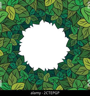 Square greeting card with wreath of green cartoon leaves. Vector frame for invitations, cards and your design. Stock Vector