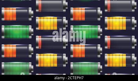 Seamless texture with various types of transparent batteries charge. Vector pattern for mobile phone interface, elements of the site and your design. Stock Vector