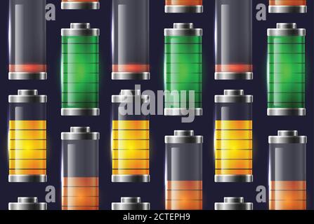 Seamless texture with various types of transparent batteries charge. Vector pattern for mobile phone interface, elements of the site and your design. Stock Vector