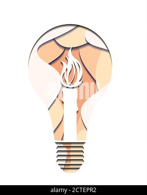 3d Illustration of a light bulb with burning candle cut from paper.  Vector element for your creativity Stock Vector