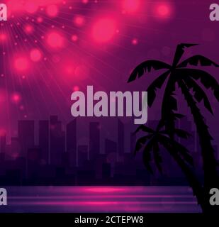 Evening illustration of a city beach with palm trees. Vector landscape for your design. Stock Vector