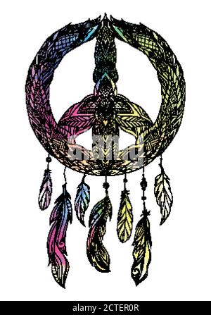 Hand drawn boho illustration of dream catcher with pacific sign and feathers. Vector element for printing on a T-shirt, postcard, cover and for your c Stock Vector