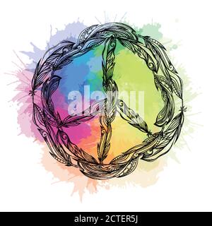 Black and white boho sign of peace made of feathers and rainbow watercolor splashes. Pacific. Vector element for printing on T-shirts, covers, postcar Stock Vector