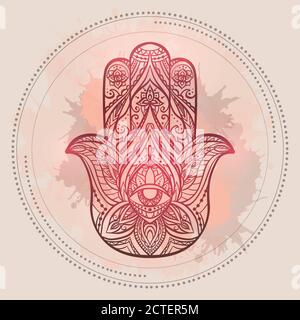 Henna illustration of Hamsa with boho pattern and watercolor spots in circles on light pink background. Buddhas hand. Vector element for your sketch o Stock Vector