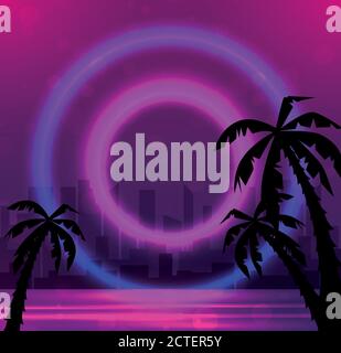 Evening illustration of a city beach with palm trees and neon circles. Vector landscape for your design. Stock Vector