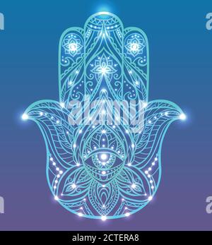 Neon illustration of blue Hamsa with boho pattern with neon lights and glow. Buddhas hand. Vector element for your sketch of tattoo, T-shirt print and Stock Vector