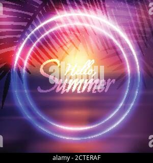 Vector blurred sunrise seascape with branch of a palm tree. Lettering hello, summer. Vector background for your postcard, invitation and your design. Stock Vector