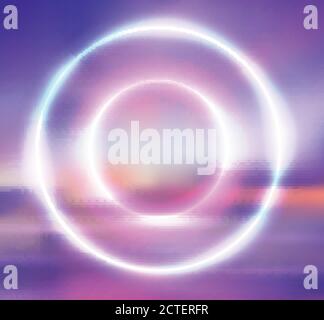 Postcard with a round neon frame and blurred background of sunrise on the sea. Vector background for your creativity Stock Vector