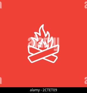 Camp Fire Line Icon On Red Background. Red Flat Style Vector Illustration. Stock Vector