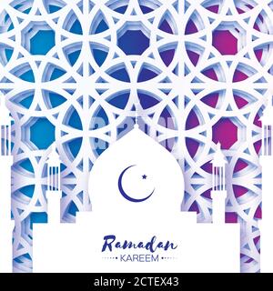 Origami Mosque. Ramadan Kareem Greeting card. Paper cut arabic arabesque Window. Crescent Moon. Holy month of muslim. Symbol of Islam. Space for text. Stock Vector