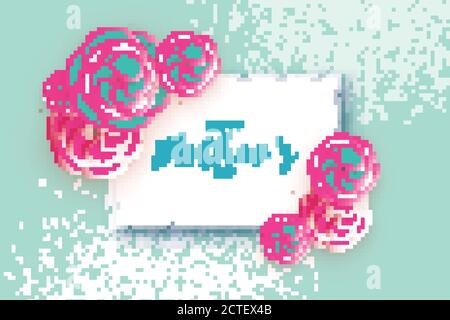 Happy Mother s Day. Pink Blue Floral Greeting card. Paper cut Flower. Blue holiday background. Rectangle wave Frame. Women s Day. Space for text. Orig Stock Vector